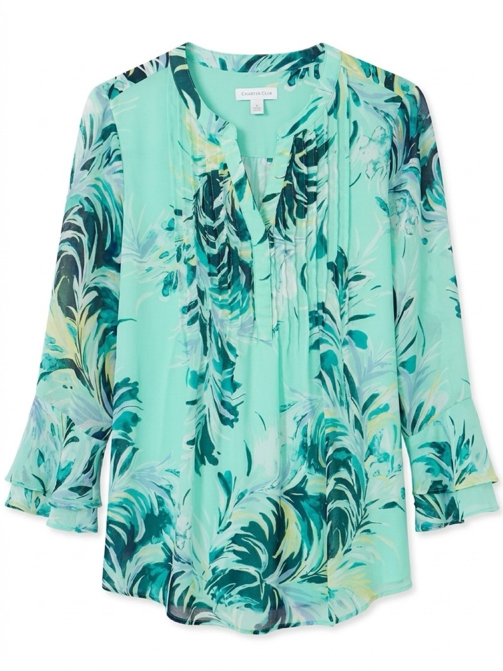 Charter Club Mint Green & Teal Floral Pintuck Blouse